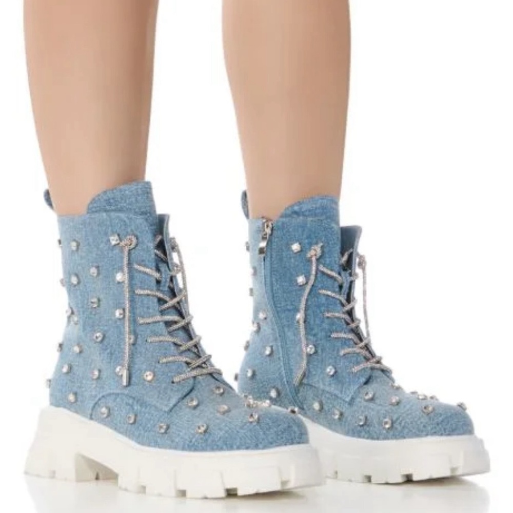 Azalea Wang denim rhinestone combat bootie